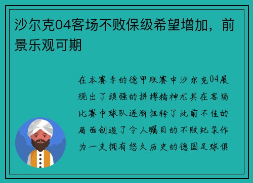 沙尔克04客场不败保级希望增加，前景乐观可期