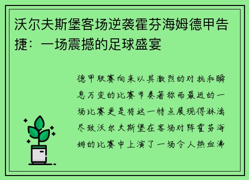 沃尔夫斯堡客场逆袭霍芬海姆德甲告捷：一场震撼的足球盛宴